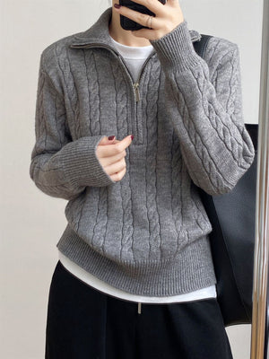 Dark Gray cable knit quarter-zip pullover sweater with a quarter-zip neckline.