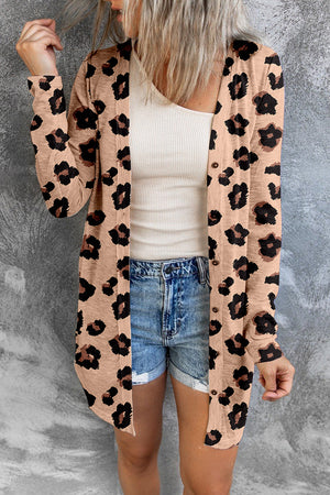 Tan leopard print open-front duster cardigan with buttons and long sleeves.