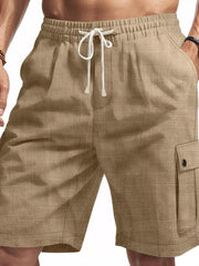 Khaki textured cargo shorts with drawstring waist and button flap pocket.