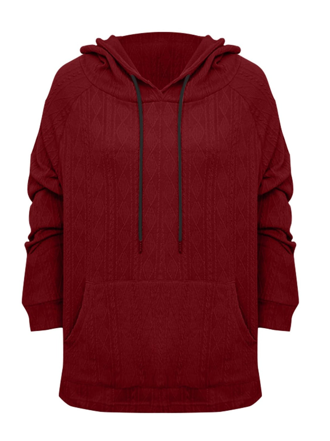 Burgundy textured knit raglan hoodie with drawstring and front pocket.