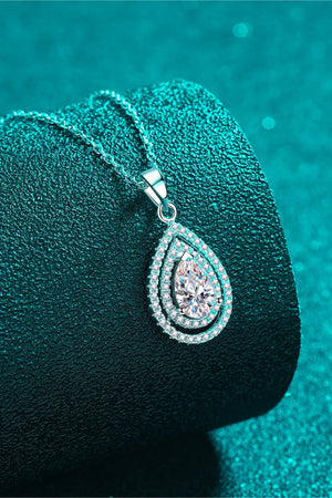 Silver double halo moissanite teardrop necklace with 925 sterling silver chain.