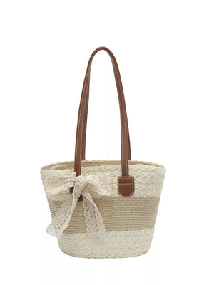 Lace Trimmed Straw Shoulder Bag in Cream White, model styling view