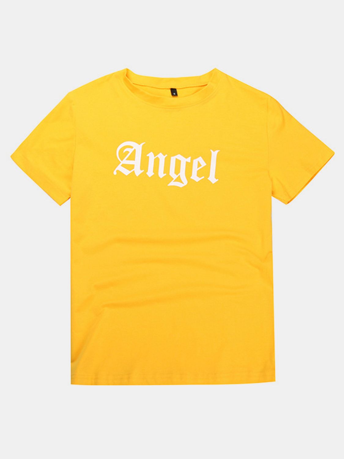 Yellow t-shirt with white Angel script graphic and crew neck.