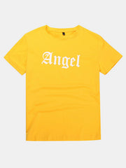 Yellow t-shirt with white Angel script graphic and crew neck.
