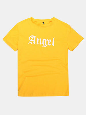 Yellow t-shirt with white Angel script graphic and crew neck.