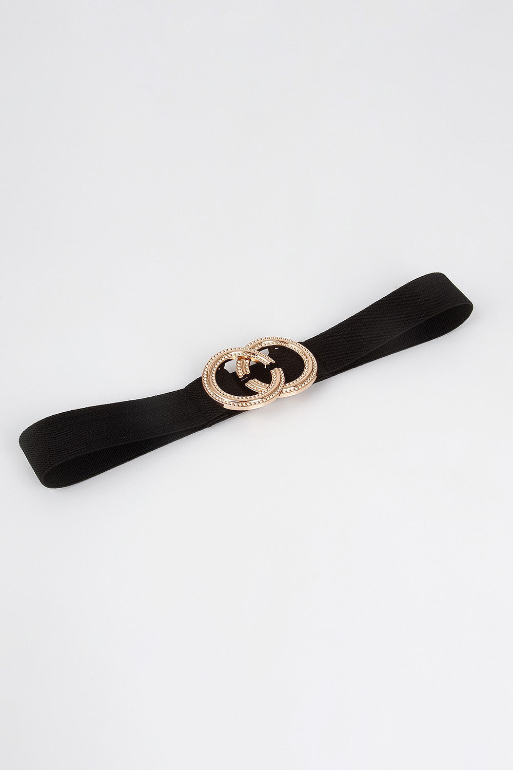 Black stretch belt with gold double-hoop embellishment