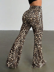 Leopard print high-waist flare pants with a comfortable fit.
