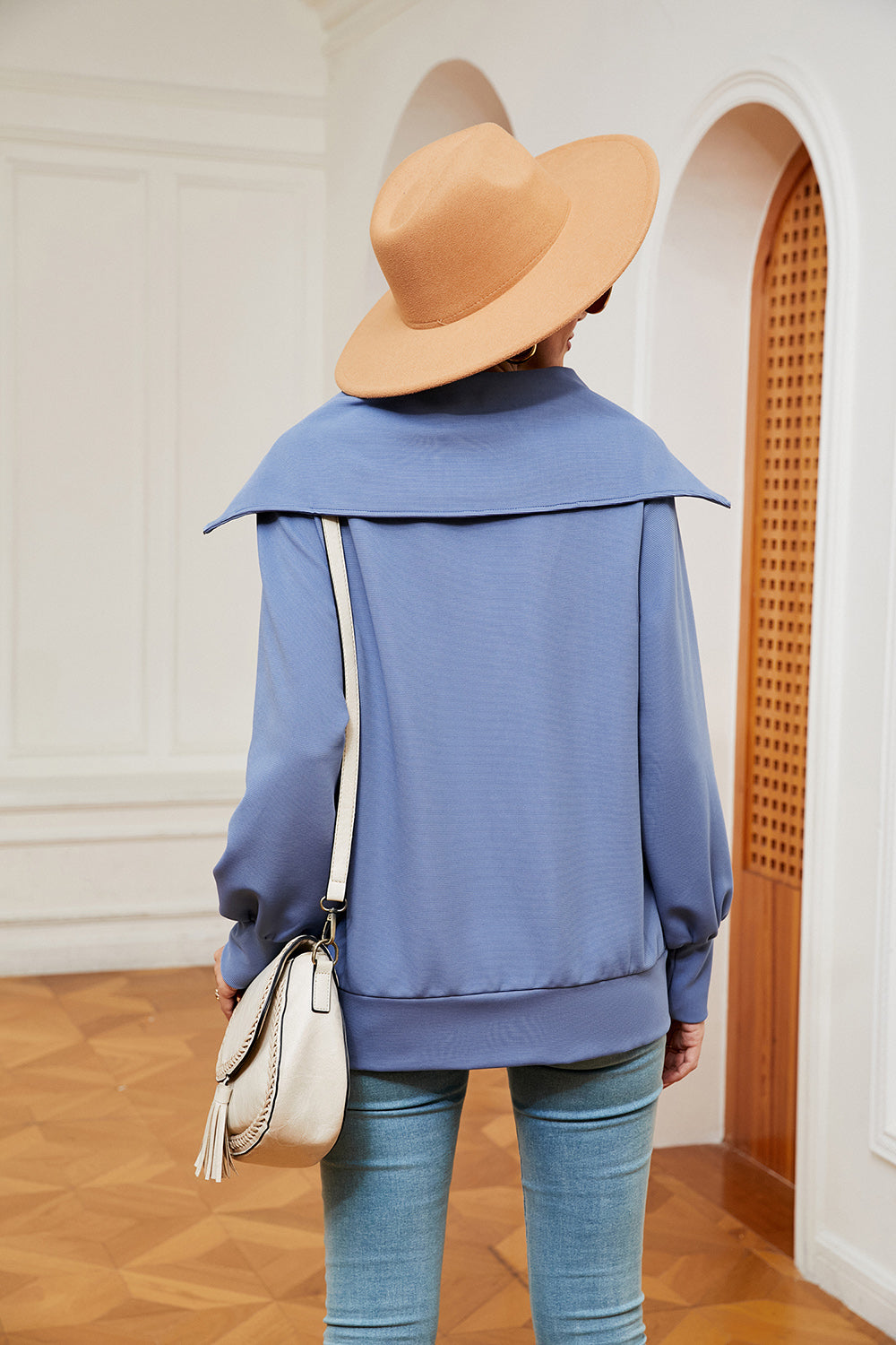 Wide collar zip-through sweatshirt in Sky Blue with a relaxed fit.