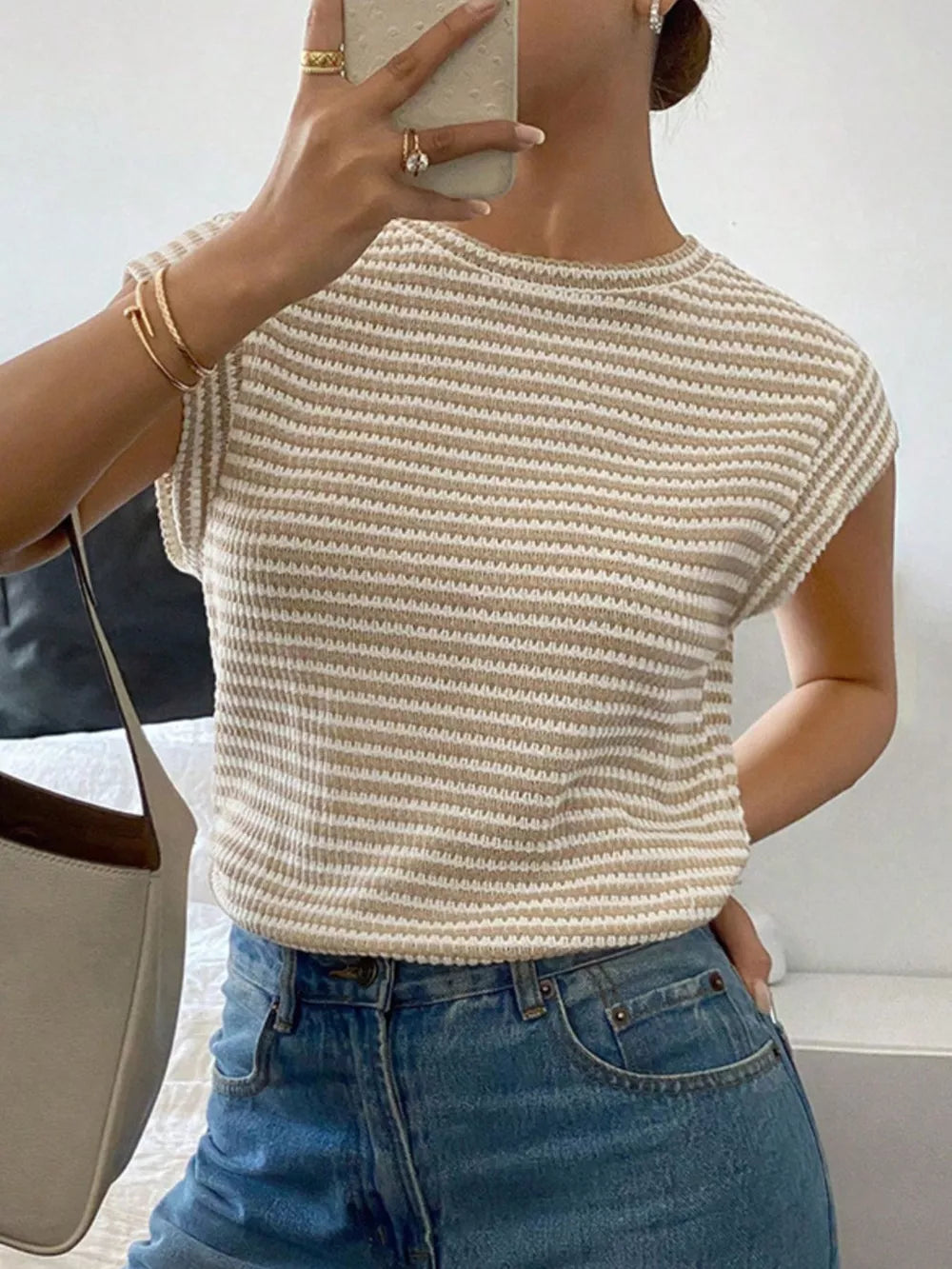 Full Size Striped Round Neck Short Sleeve T-shirt, model styling view