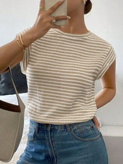 Full Size Striped Round Neck Short Sleeve T-shirt, model styling view