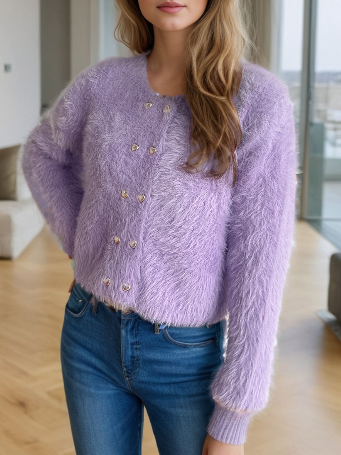 Fluffy lavender double-breasted knit cardigan with heart buttons