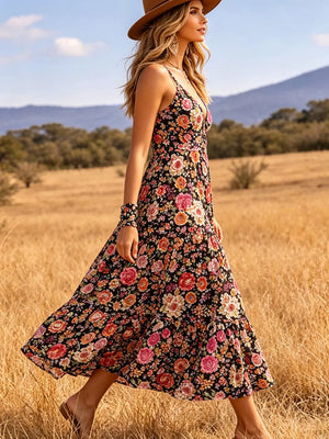Black floral midi dress with V-neck and tiered skirt, styled with a hat.