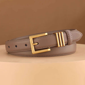 Khaki cowhide leather belt with adjustable gold buckle and triple bar detail.