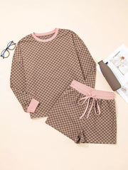 Camel checkerboard loungewear set with pink trim and drawstring shorts.