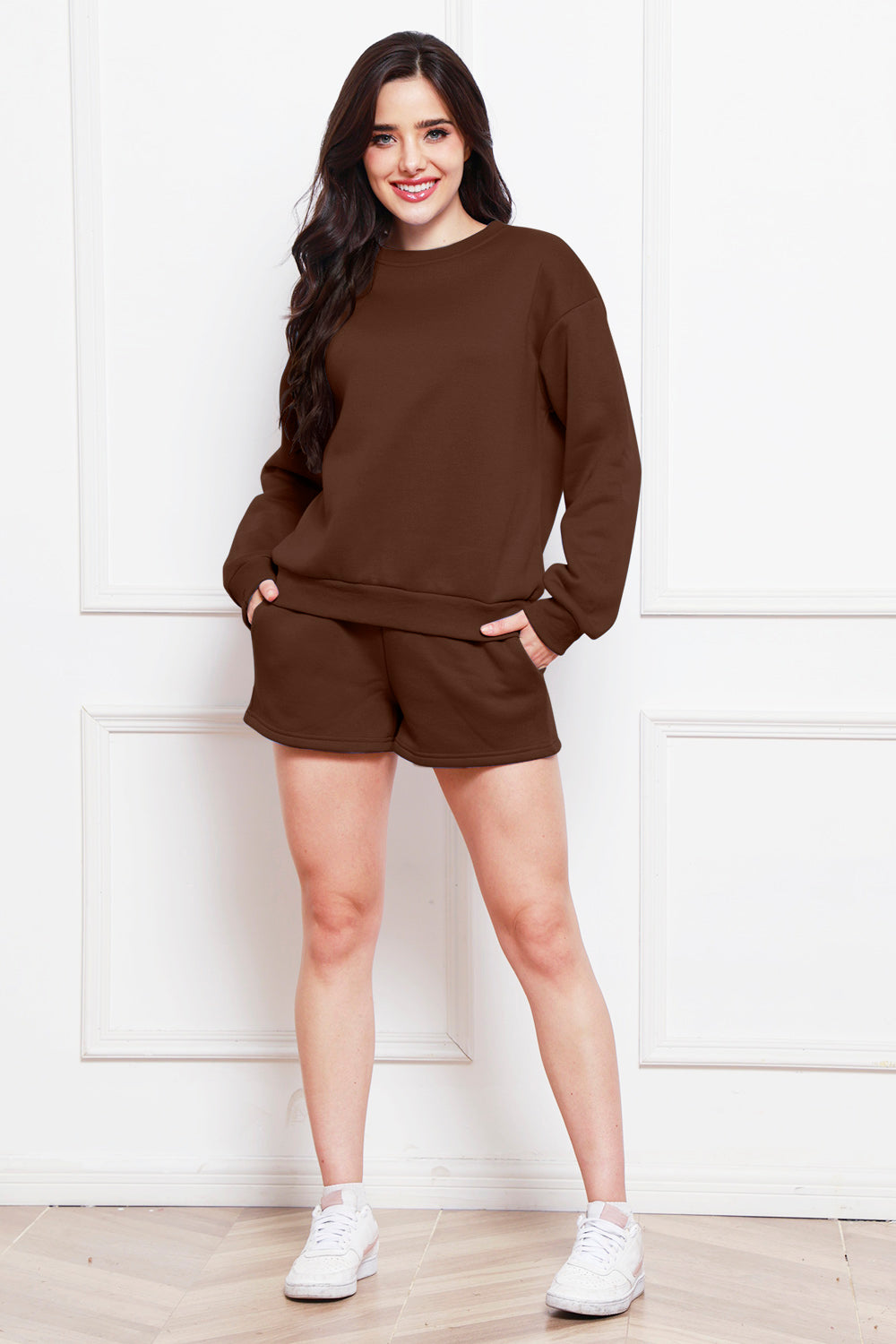 Chocolate loungewear set with crewneck sweatshirt and pocket shorts