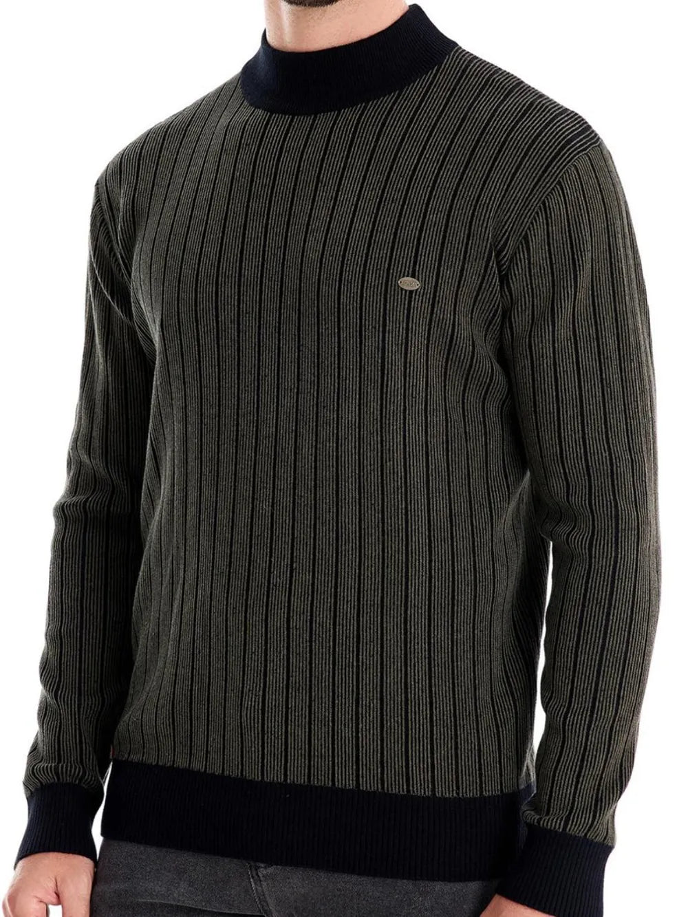 Ribbed stripe mock neck pullover in army green with navy accents and a small logo detail.