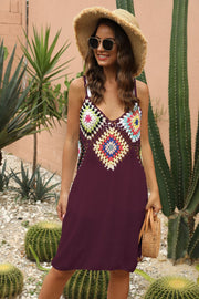 Burgundy maxi dress with colorful crochet yoke and V-neckline.