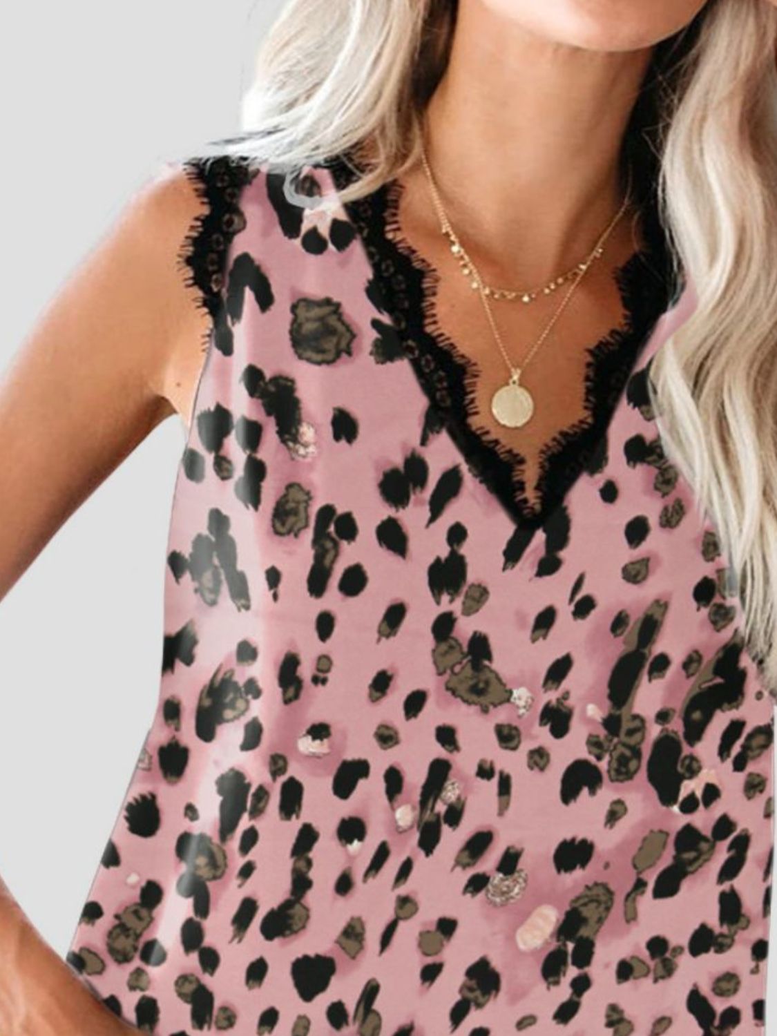 Leopard print camisole in Dusty Pink with black lace trim neckline and V-neck.