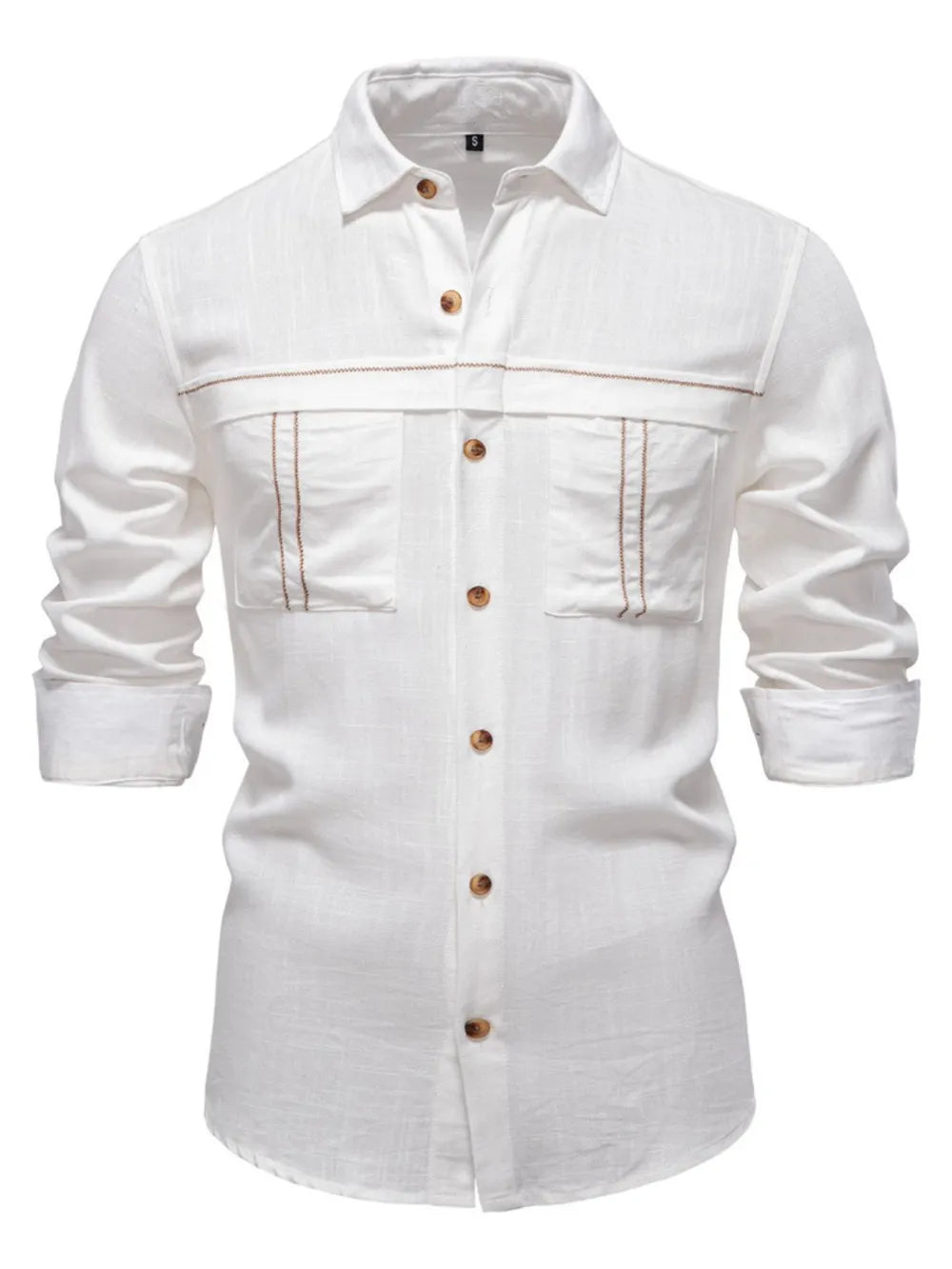 White utility pocket shirt with contrast stitching and buttoned front