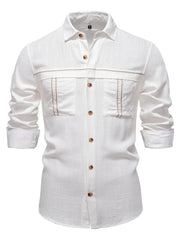 White utility pocket shirt with contrast stitching and buttoned front