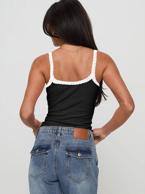 Black ribbed tank top with white lace trim and square neckline.