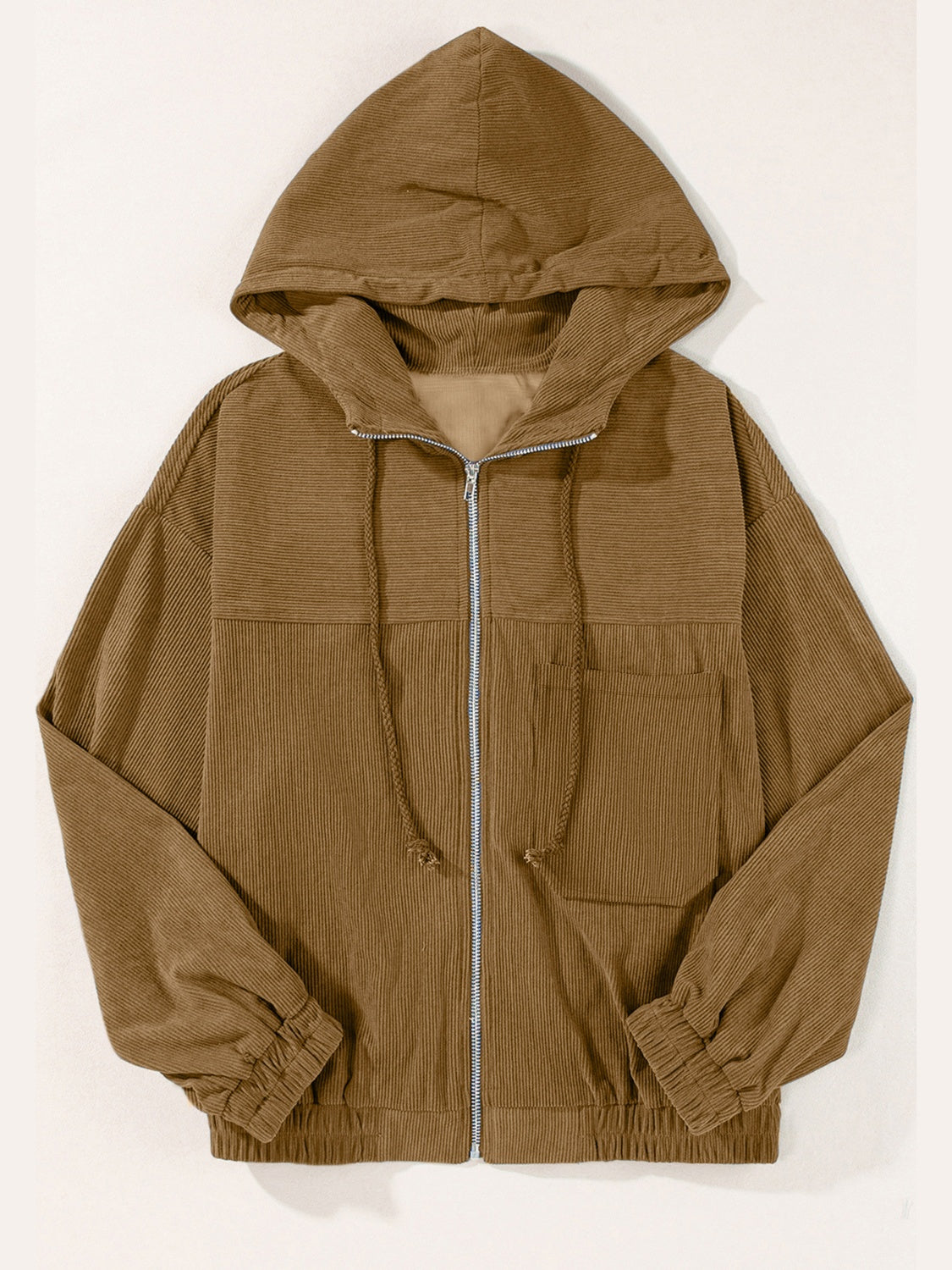 Camel corduroy relaxed fit zip-up hoodie with front pockets and drawstring hood.