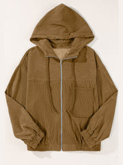 Camel corduroy relaxed fit zip-up hoodie with front pockets and drawstring hood.