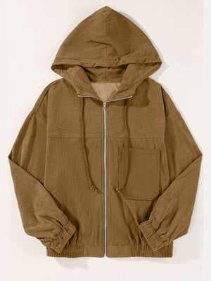 Camel corduroy relaxed fit zip-up hoodie with front pockets and drawstring hood.