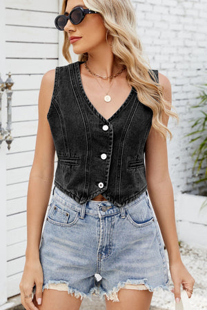 Black denim cropped vest with button front and V-neckline.