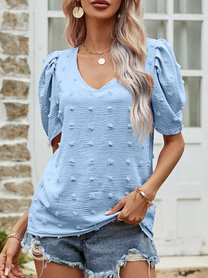 Blue textured dotty puff sleeve blouse with V-neck