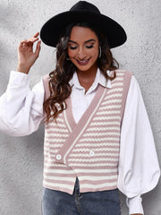 Double-breasted dusty pink and white stripe knit vest with button detail.