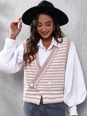 Double-breasted dusty pink and white stripe knit vest with button detail.