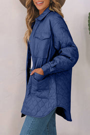 French Blue quilted utility jacket with button-flap chest pockets and side pockets.