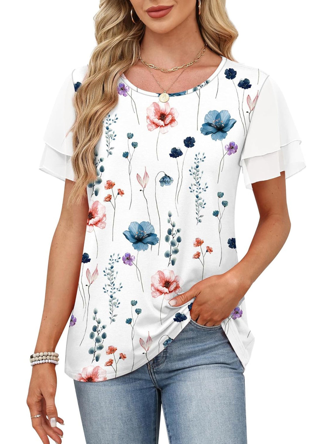 Layered ruffled sleeve t-shirt with a white floral print and crew neck.
