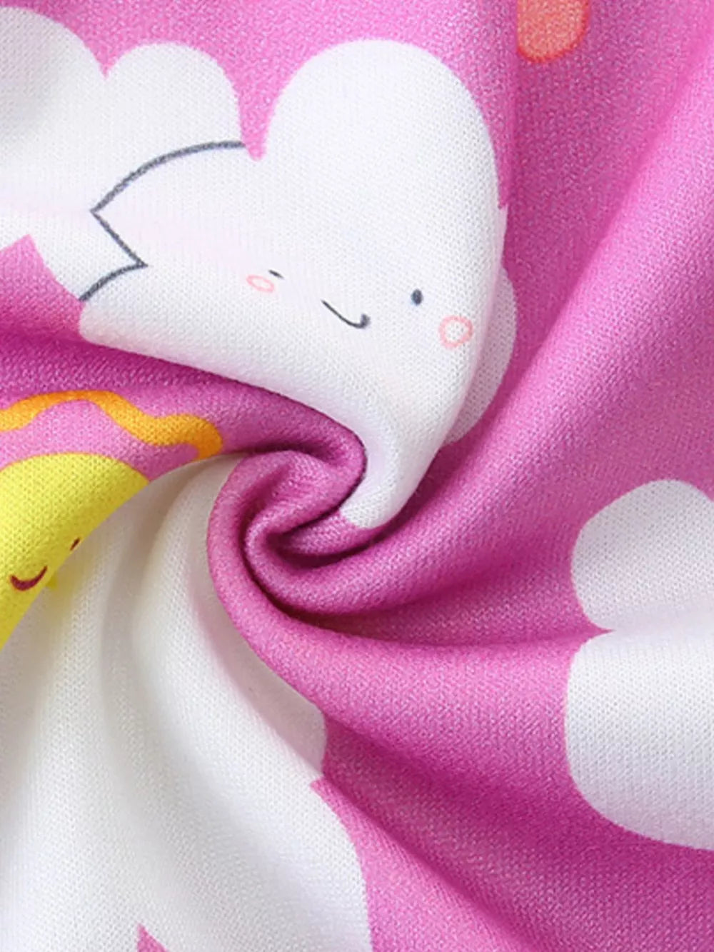 Girls' long johns in pink with white cloud and rainbow print.