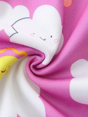 Girls' long johns in pink with white cloud and rainbow print.