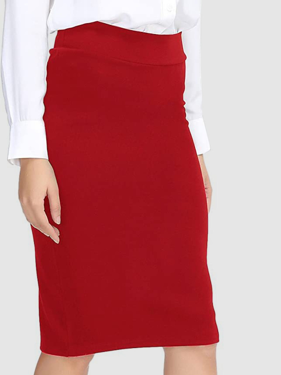 Red pencil skirt with a high waist, shown with a white blouse.