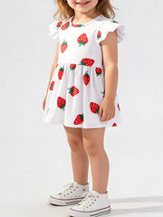 Strawberry print cotton dress with ruffle sleeves and gathered waist for baby girls.