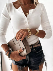 Ribbed Henley Long Sleeve T-shirt in White, front view