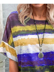 Casual t-shirt with brushstroke stripes in purple, yellow, and blue.