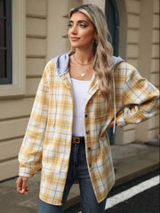 Plaid hooded shacket in Pastel Yellow with button front and drawstring hood.