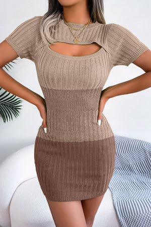 Ribbed knit mini dress in khaki and brown with cutout neckline and short sleeves.