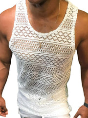 Geometric crochet tank top in ivory with a scoop neck and open knit pattern.
