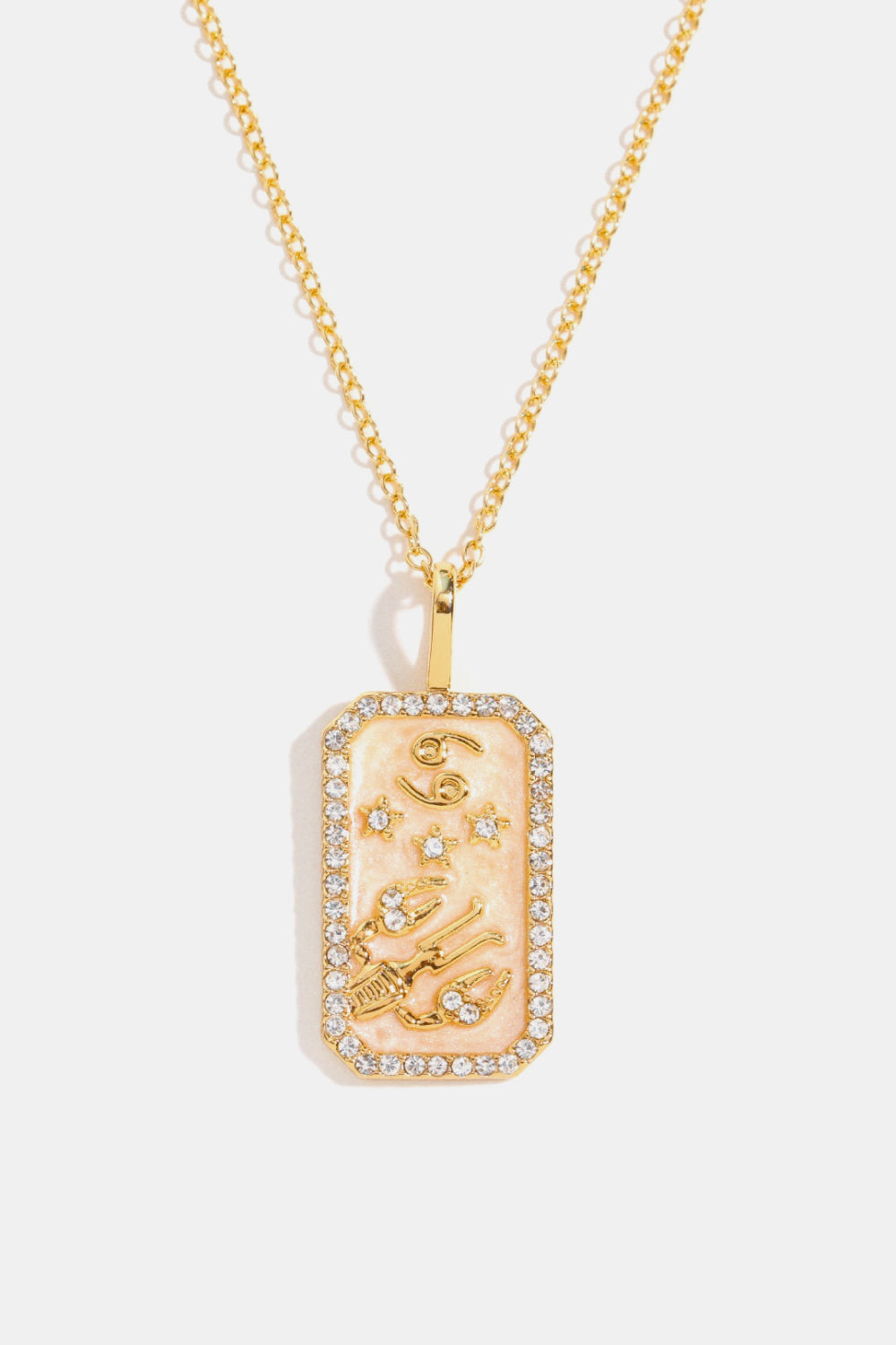 14K gold-plated Cancer zodiac sign crystal pendant necklace with a rectangular charm and chain.