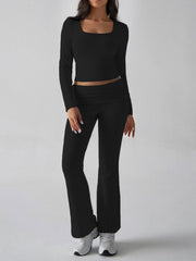 Black long sleeve crop top with square neck and ruched waist flare pants loungewear set