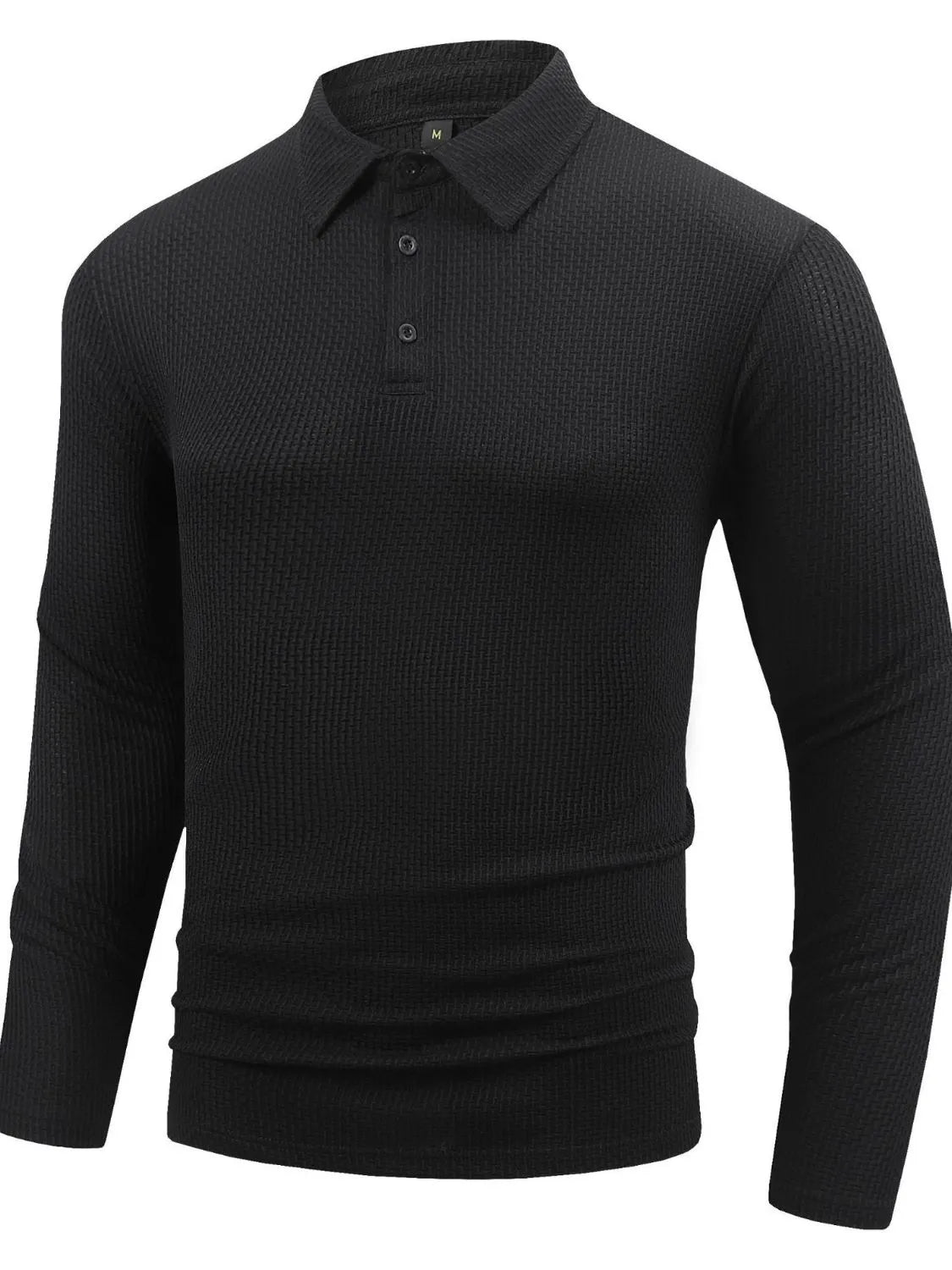Black textured long sleeve polo shirt with buttoned placket and articulated sleeves.