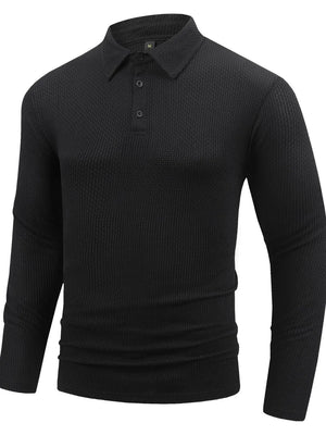 Black textured long sleeve polo shirt with buttoned placket and articulated sleeves.