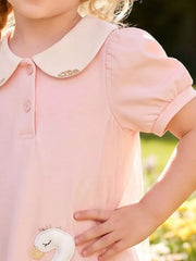 Charming blush pink cotton dress with Peter Pan collar and swan applique