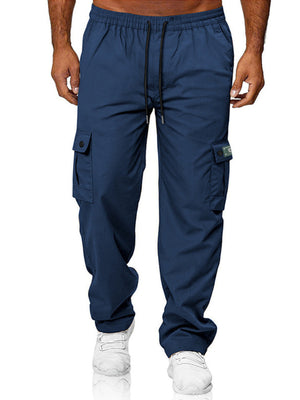 Navy blue cargo pants with adjustable waist and side pockets.