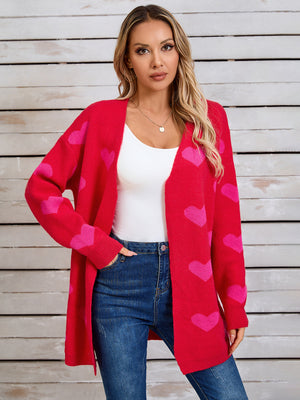Romantic Heart Intarsia Knit Cardigan in Scarlet with pink hearts, acrylic, open front, long sleeve.